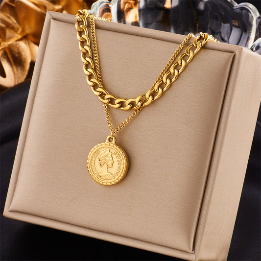 Simple Double-layer Chain Queen Portrait Round Plate Pendant Accessories Premium Retro Necklace